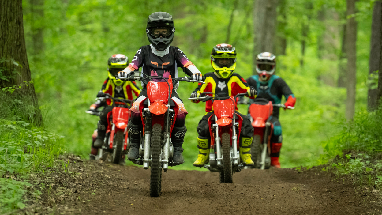 One adult rider in front of two young riders and one adult in far back. Forrest landscape.